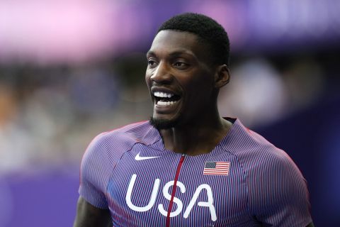 Fred Kerley, of the United States, looks on after competing in a heat in the men's 100-meter semifinals at the 2024 Summer Olympics, Sunday, Aug. 4, 2024, in Saint-Denis, France. (AP Photo/Petr David Josek)