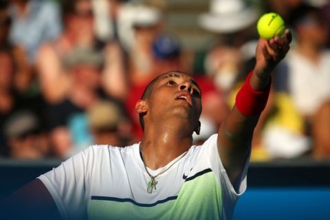 MELBOURNE, AUSTRALIA - JANUARY 21:  Nick Kyrgios of Australia serves in his second round match against Ivo Karlovic of Croatia during day three of the 2015 Australian Open at Melbourne Park on January 21, 2015 in Melbourne, Australia.  (Photo by Scott Barbour/Getty Images)