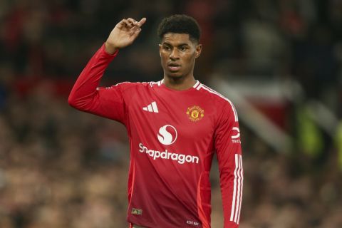 Manchester United's Marcus Rashford gestures during the Premier League soccer match between Manchester United and Chelsea at Old Trafford stadium in Manchester, England, Sunday, Nov. 3, 2024. (AP Photo/Ian Hodgson)