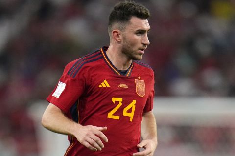 Spain's Aymeric Laporte in action during the World Cup group E soccer match between Spain and Costa Rica, at the Al Thumama Stadium in Doha, Qatar, Wednesday, Nov. 23, 2022. (AP Photo/Julio Cortez)