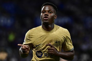 Barcelona's Ansu Fati celebrates after scoring his side's fourth goal during a Spanish La Liga soccer match between Real Sociedad and Barcelona at the Reale Arena in San Sebastian, Spain, Sunday, Aug. 21, 2022. (AP Photo/Alvaro Barrientos)