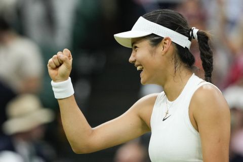 Emma Raducanu of Britain reacts after defeating Maria Sakkari of Greece in their third round match at the Wimbledon tennis championships in London, Friday, July 5, 2024. (AP Photo/Alberto Pezzali)