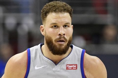 Detroit Pistons forward Blake Griffin (23) stands on the court during the second half of an NBA basketball game against the Washington Wizards, Monday, Jan. 21, 2019, in Washington. The Wizards won 101-87. (AP Photo/Nick Wass)