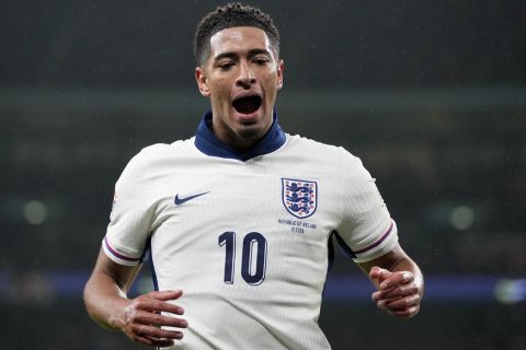 England's Jude Bellingham reacts during the UEFA Nations League soccer match between England and the Republic of Ireland at Wembley stadium in London, Sunday, Nov. 17, 2024. (AP Photo/Kin Cheung)