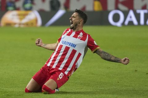 Red Star's Rade Krunic celebrates after scoring his side's second goal during the Champions League opening phase soccer match between Red Star and Stuttgart at the Rajko Mitic Stadium in Belgrade, Serbia, Wednesday, Nov. 27, 2024. (AP Photo/Darko Vojinovic)