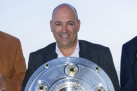 IMAGE DISTRIBUTED FOR BAYER CONSUMER HEALTHCARE -  Dave Tomasi, right, President of Bayer North America, hosts Bayer 04 Leverkusen CEO Fernando Carro, center, and team ambassador and former defender Jens Nowotny, as the club embarks on its historic U.S. trophy tour, with the Supercup, Bundesliga and DFB Pokal trophies, at Edge in New York, Thursday, Sept. 12, 2024. (Diane Bondareff/AP Content Services for Bayer Consumer Healthcare)