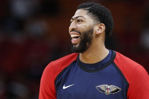 New Orleans Pelicans forward Anthony Davis in action of a preseason NBA basketball game in Miami, on Wednesday, Oct. 10, 2018. (AP Photo/Brynn Anderson)