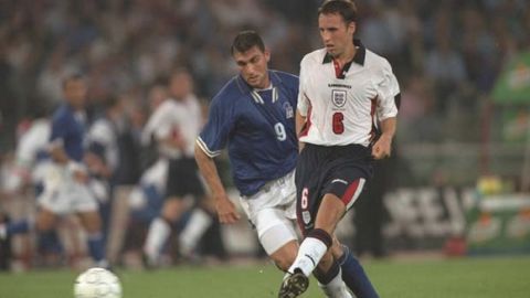 11 Oct 1997:  Gareth Southgate of England (right) passes the ball before being closed down by Christian Vieri of Italy during the World Cup Qualifier match at the Olympic Stadium in Rome, Italy. The match was drawn 0-0 and England qualified for the WorldCup Finals. \ Mandatory Credit: Ben Radford /Allsport