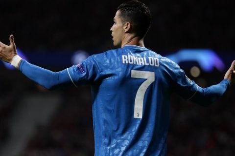 Juventus' Cristiano Ronaldo reacts during the Champions League Group D soccer match between Atletico Madrid and Juventus at Wanda Metropolitano stadium in Madrid, Spain, Wednesday, Sept. 18, 2019. (AP Photo/Manu Fernandez)