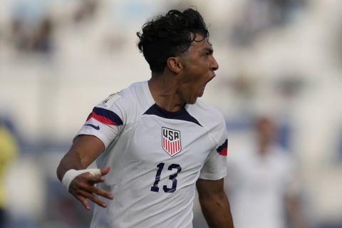 Jonathan Gomez of the United States celebrates after scoring the first goal for his side during a FIFA U-20 World Cup Group B soccer match against Ecuador at the Bicentenario stadium in San Juan, Argentina, Saturday, May 20, 2023. (AP Photo/Natacha Pisarenko)