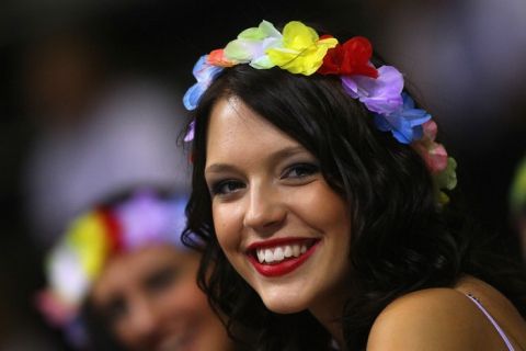 SIAULIAI, LITHUANIA - SEPTEMBER 01: A cheerleader smiles during the EuroBasket 2011 first round group B match between Israel and France at Siauliai Arena on September September 1, 2011 in Siauliai, Lithuania. (Photo by Christof Koepsel/Bongarts/Getty Images)