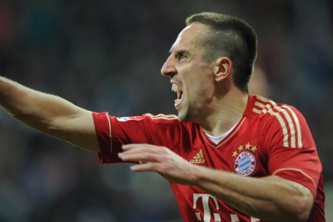 Munich's French midfielder Franck Ribery celebrates after the third goal during the German first division Bundesliga football match between Bayern Muenchen and Werder Bremen in Munich, southern Germany, on December 3, 2011. AFP PHOTO/CHRISTOF STACHE

RESTRICTIONS / EMBARGO - DFL LIMITS THE USE OF IMAGES ON THE INTERNET TO 15 PICTURES (NO VIDEO-LIKE SEQUENCES) DURING THE MATCH AND PROHIBITS MOBILE (MMS) USE DURING AND FOR FURTHER TWO HOURS AFTER THE MATCH. FOR MORE INFORMATION CONTACT DFL. (Photo credit should read CHRISTOF STACHE/AFP/Getty Images)