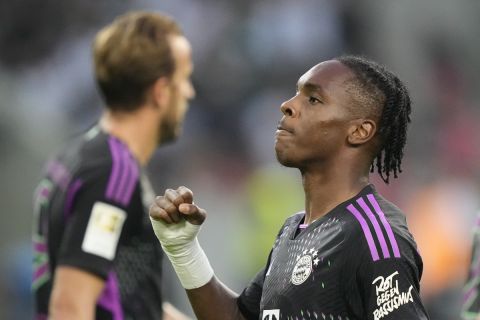 Bayern's Mathys Tel celebrates after scoring his side's second goal during the German Bundesliga soccer match between Borussia Moenchengladbach and Bayern Munich in Moenchengladbach, Germany, Saturday, Sept. 2, 2023. (AP Photo/Martin Meissner)