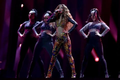 Eleni Foureira from Cyprus performs the song 'Fuego' in Lisbon, Portugal, Monday, May 7, 2018 during a dress rehearsal for the Eurovision Song Contest. The Eurovision Song Contest semifinals take place in Lisbon on Tuesday, May 8 and Thursday, May 10, the grand final on Saturday May 12, 2018. (AP Photo/Armando Franca)