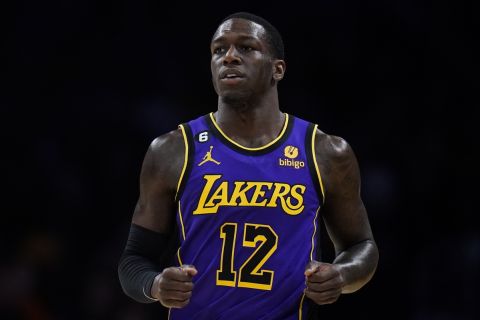 Los Angeles Lakers' Kendrick Nunn (12) during the second half of an NBA basketball game against the Atlanta Hawks Sunday, Jan. 8, 2023, in Los Angeles. (AP Photo/Jae C. Hong)