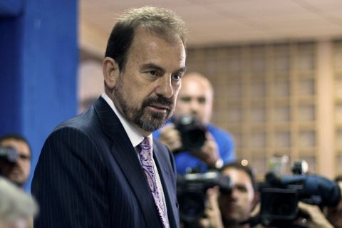 Getafe soccer club president Angel Torres arrives for a news conference in Getafe, Spain, Monday, April 25, 2011. Getafe president Angel Torres has confirmed that a Dubai business group will take control of the Spanish club from next year, three days after he denied that it had been sold. (AP Photo/Paul White)