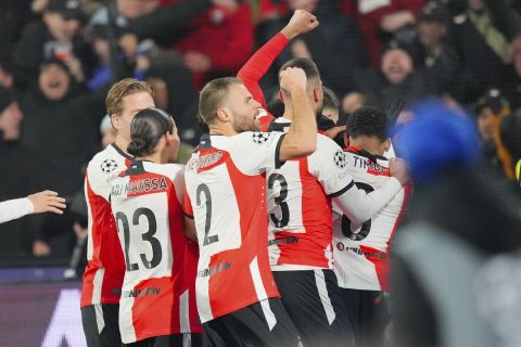 Feyenoord's players celebrate their side's second goal scored by Igor Paixao during the Champions League opening phase soccer match between Feyenoord and Sparta Prague, at De Kuip Stadium, in Rotterdam, Netherlands, Wednesday, Dec. 11, 2024. (AP Photo/Peter Dejong)