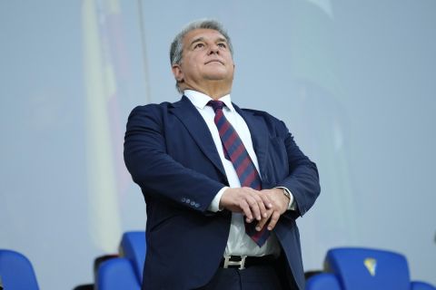 Joan Laporta, Barcelona FC President, takes his place in the stands for the Spanish La Liga soccer match between Cadiz and Barcelona in Cadiz, Spain, Saturday, April 13, 2024. (AP Photo/Jose Breton)