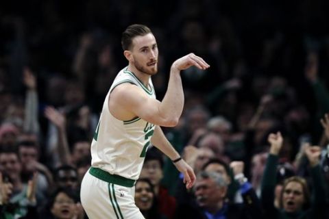 Boston Celtics forward Gordon Hayward (20) gestures after hitting a three-point basket during the first quarter of an NBA basketball game against the Brooklyn Nets in Boston, Monday, Jan. 7, 2019. (AP Photo/Charles Krupa)