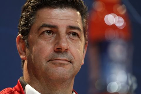 Benfica head coach Rui Vitoria attends a news conference prior to the Champions League group E soccer match between FC Bayern Munich and Benfica Lisbon in Munich, Germany, Monday, Nov. 26, 2018. Benfica will face Bayern on Tuesday. (AP Photo/Matthias Schrader)