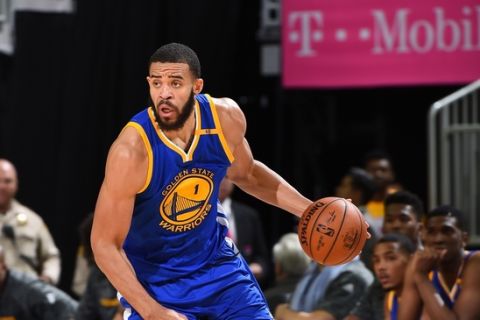 LAS VEGAS, NV - OCTOBER 15:  JaVale McGee #1 of the Golden State Warriors handles the ball against the Los Angeles Lakers during a preseason game on October 15, 2016 at the T-Mobile Arena in Las Vegas, Nevada. NOTE TO USER: User expressly acknowledges and agrees that, by downloading and or using this photograph, User is consenting to the terms and conditions of the Getty Images License Agreement. Mandatory Copyright Notice: Copyright 2016 NBAE  (Photo by Andrew D. Bernstein/NBAE via Getty Images)