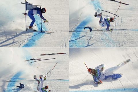 A combination of pictures shows Italy's Peter Fill as he crashes during the men's Alpine Skiing Super-G race at the Vancouver 2010 Winter Olympics in Whistler, British Columbia, February 19, 2010.     REUTERS/Mike Segar (CANADA)