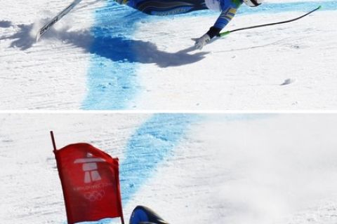 A combination image shows Anja Paerson of Sweden crashing into the last gate in the finish of the women's Alpine Skiing Downhill race at the Vancouver 2010 Winter Olympics in Whistler, British Columbia, February 17, 2010.   REUTERS/Kai Pfaffenbach   (CANADA - Tags: SPORT OLYMPICS SKIING)