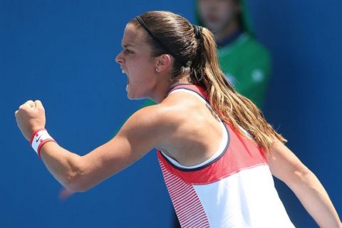 MELBOURNE, AUSTRALIA - JANUARY 18:  Maria Sakkari of Greece reacts in her first round match against Yafan Wang of China during day one of the 2016 Australian Open at Melbourne Park on January 18, 2016 in Melbourne, Australia.  (Photo by Pat Scala/Getty Images)