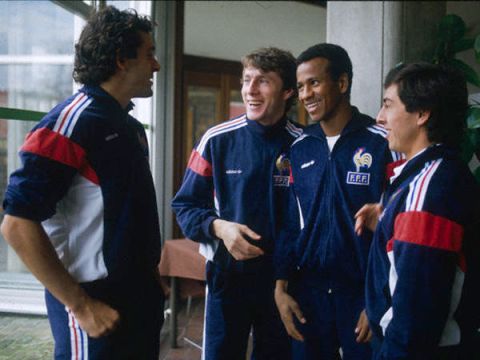 15 Nov 1985, Jouy-en-Josas, France --- Michel Platini, Luis Fernandez, Jean Tigana, and Alain Giresse of the French Soccer Team. --- Image by © Bernard Bisson/Sygma/Corbis