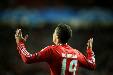 Benfica's spanish forward Rodrigo celebrates after scoring a goal during the Champion League Group C football match Benfica vs Basel at the Luz Stadium in Lisbon, on November 2, 2011.   AFP PHOTO/PATRICIA DE MELO MOREIRA (Photo credit should read PATRICIA DE MELO MOREIRA/AFP/Getty Images)