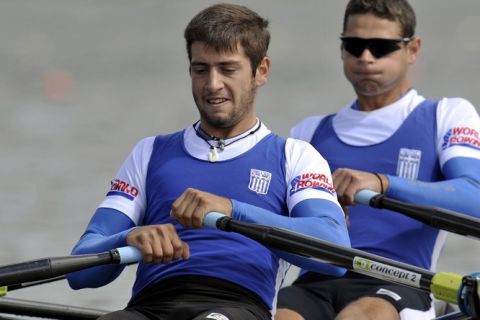 (STROKE) ELEFTHERIOS KONSOLAS & (BOW) PANAGIOTIS MAGDANIS (BOTH GREECE) COMPETE IN MEN'S LIGHTWEIGHT DOUBLE SCULLS DURING REGATTA WORLD ROWING CHAMPIONSHIPS ON KARAPIRO LAKE IN NEW ZEALAND...NEW ZEALAND , KARAPIRO , OCTOBER 31, 2010..( PHOTO BY ADAM NURKIEWICZ / MEDIASPORT )..PICTURE ALSO AVAIBLE IN RAW OR TIFF FORMAT ON SPECIAL REQUEST.