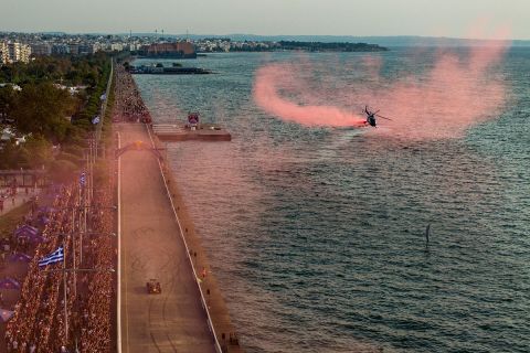 Patrick Friesacher of Austria in a RB8 and Mirko Flaim of Italy perform during the Red Bull Showrun by Alumil in Thessaloniki, Greece on September on  September 23, 2023. 