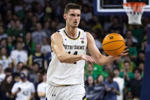 Notre Dame's Nate Laszewski (14) during the second half of an NCAA college basketball game against Pittsburgh Wednesday, March 1, 2023, in South Bend, Ind. (AP Photo/Michael Caterina)