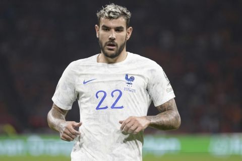 France's Theo Hernandez runs during the Euro 2024 group B qualifying soccer match between The Netherlands and France at the Johan Cruyff ArenA stadium in Amsterdam, Netherlands, Friday, Oct. 13, 2023. (AP Photo/Peter Dejong)