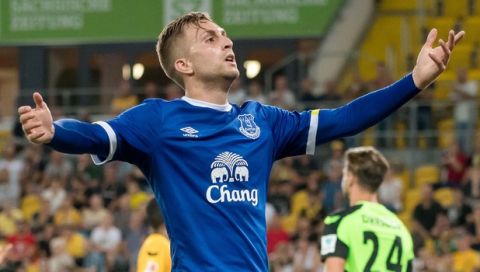 GERMANY OUT - In this July 29, 2016 picture  Everton's Gerard Deulofeu reacts after a missed chance during a soccer test match between SG  Dynamo Dresden and England's FC Everton in Dresden, eastern Germany. (Thomas Eisenhuth/dpa via AP)