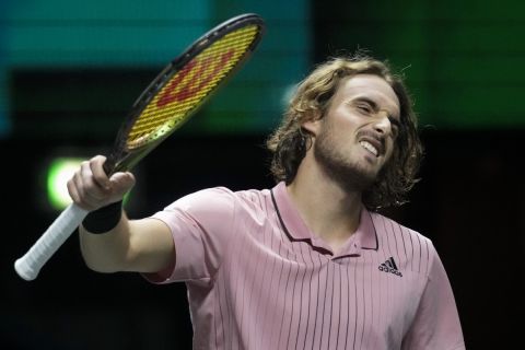 Stefanos Tsitsipas of Greece celebrates winning against Jiri Lehecka of the Czech Republic in three sets, 4-6, 6-4, 6-3, in their semifinal men's singles match of the ABN AMRO world tennis tournament at Ahoy Arena in Rotterdam, Netherlands, Saturday, Feb. 12, 2022. (AP Photo/Peter Dejong)