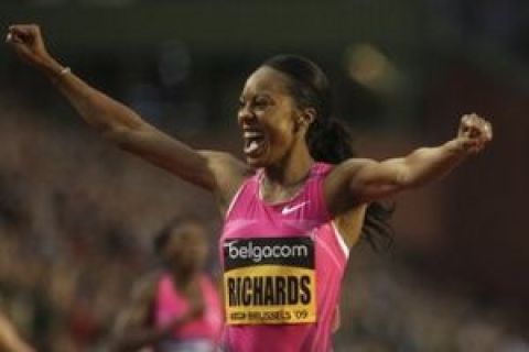 Sanya Richards from the U.S., reacts after winning the 400 meters at the Golden League Memorial Van Damme athletics meeting in Brussels, Friday, Sept. 4, 2009. (AP Photo/Geert Vanden Wijngaert)