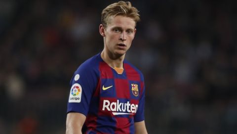 Barcelona's Frenkie De Jong during Spanish La Liga soccer match between Barcelona and Valladolid at the Camp Nou stadium in Barcelona,Tuesday, Oct. 29, 2019. (AP Photo/Joan Monfort)