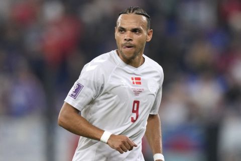 Denmark's Martin Braithwaite in action during the World Cup group D soccer match between France and Denmark, at the Stadium 974 in Doha, Qatar, Saturday, Nov. 26, 2022. (AP Photo/Frank Augstein)