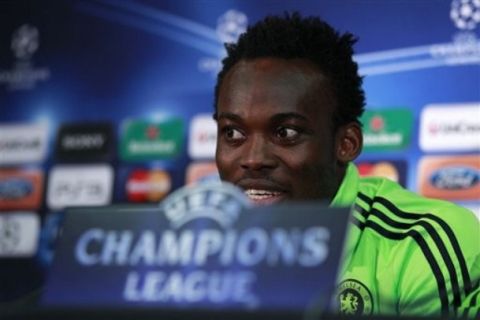 Chelsea's Michael Essien waits to answer questions during a press conference at Old Trafford Stadium the day before his team's Champion's League quarter-final second leg soccer match against Manchester United, Manchester, England, Monday April11, 2011. (AP Photo/Jon Super)  