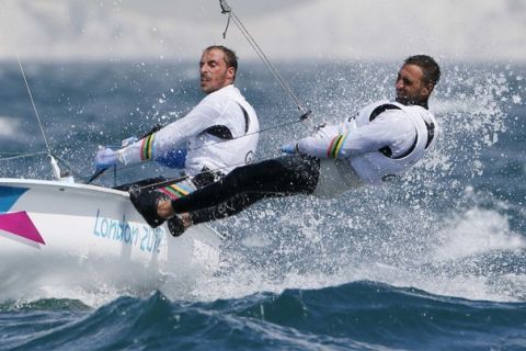 Greece's Panagiotis Kampouridis and Efstathios Papadopoulos sail during the second race of the men's 470 sailing class at the London 2012 Olympic Games in Weymouth and Portland, southern England, August 2, 2012. REUTERS/Pascal Lauener (BRITAIN - Tags: SPORT YACHTING OLYMPICS)